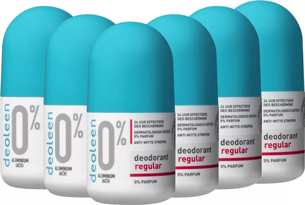 Deoleen Deodorant 0% Aluminium Regular – 6 Pack, 50 ml – 24 uur bescherming, geen witte strepen, pH neutraal, dermatologisch getest