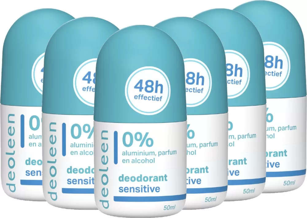 Deoleen 0% Aluminium Sensitive Deodorant 6-Pack - 50ml | 24H Bescherming, Geen Witte Strepen, Dermatologisch Getest, Alcohol- en Parfumvrij