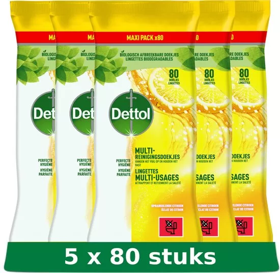 Dettol Power & Fresh Schoonmaakdoekjes Citrus - 5x80 Doekjes - Krachtig tegen Vuil & Vet, Perfecte Hygiëne zonder Bleekmiddel