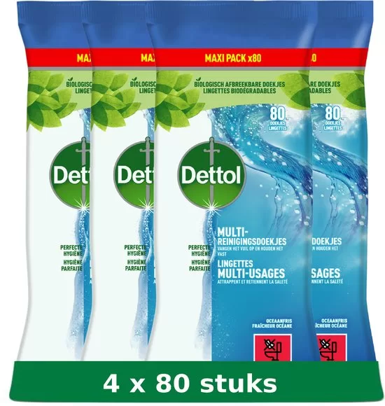 Dettol Power & Fresh Schoonmaakdoekjes - Oceaanfris - 4x80 Grote Doekjes - Hygiënische Reiniging, Verwijdert Vuil en Keukenvet