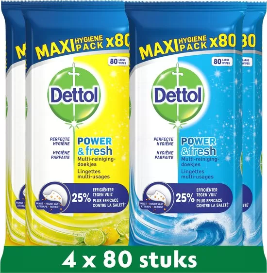 Dettol Schoonmaakdoekjes Power & Fresh – 320 Stuks, Citrus & Oceanfris, Krachtig tegen Vuil & Vet, Hygiënische Reiniging, Geen Bleek