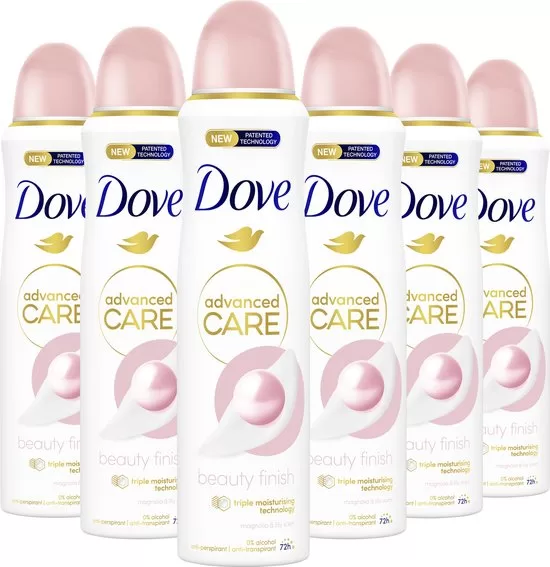 Dove Advanced Care Beauty Finish Anti-Transpirant Spray 6x150ml - 72 uur bescherming, hydraterend, geur: Magnolia & Lilly, PETA-approved