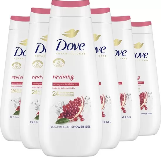 Dove Advanced Care Reviving Douchegel 6x450ml – Hydratatie, Granaatappel & Hibiscus, Sulfaatvrij, Vegan, 24-Uur MicroMoisture, Gerecycled Plastic