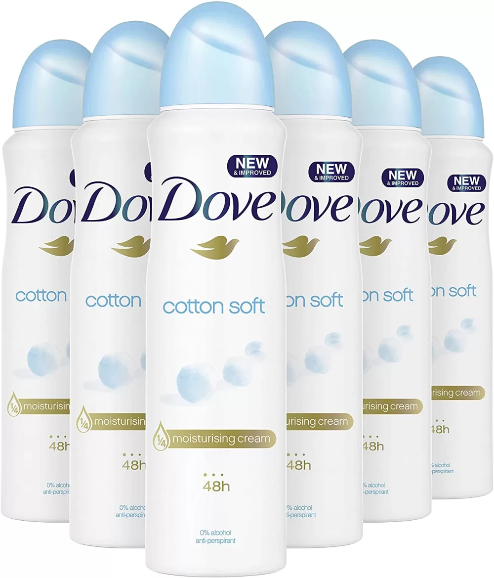 Dove Cotton Soft Anti-transpirant Spray 6x150ml - 48u Bescherming, 1/4 Hydraterende Crème, Zachte & Verzorgde Oksels, 0% Alcohol