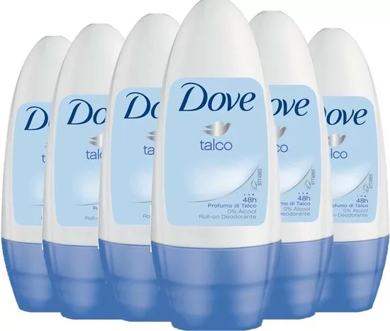 Dove Deo Roller Talco – 6 x 50 ml, Talkum Formel, Langzeit Schutz, Alkoholfrei, Effektive Schweißkontrolle, Hautfreundlich