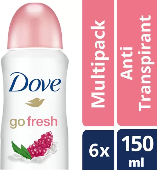 Dove Go Fresh Anti-transpirant Deodorant Pomegranate 6x150ml - 48Uur Bescherming, Hydraterende Crème, Vitamine E, Frisse Geur