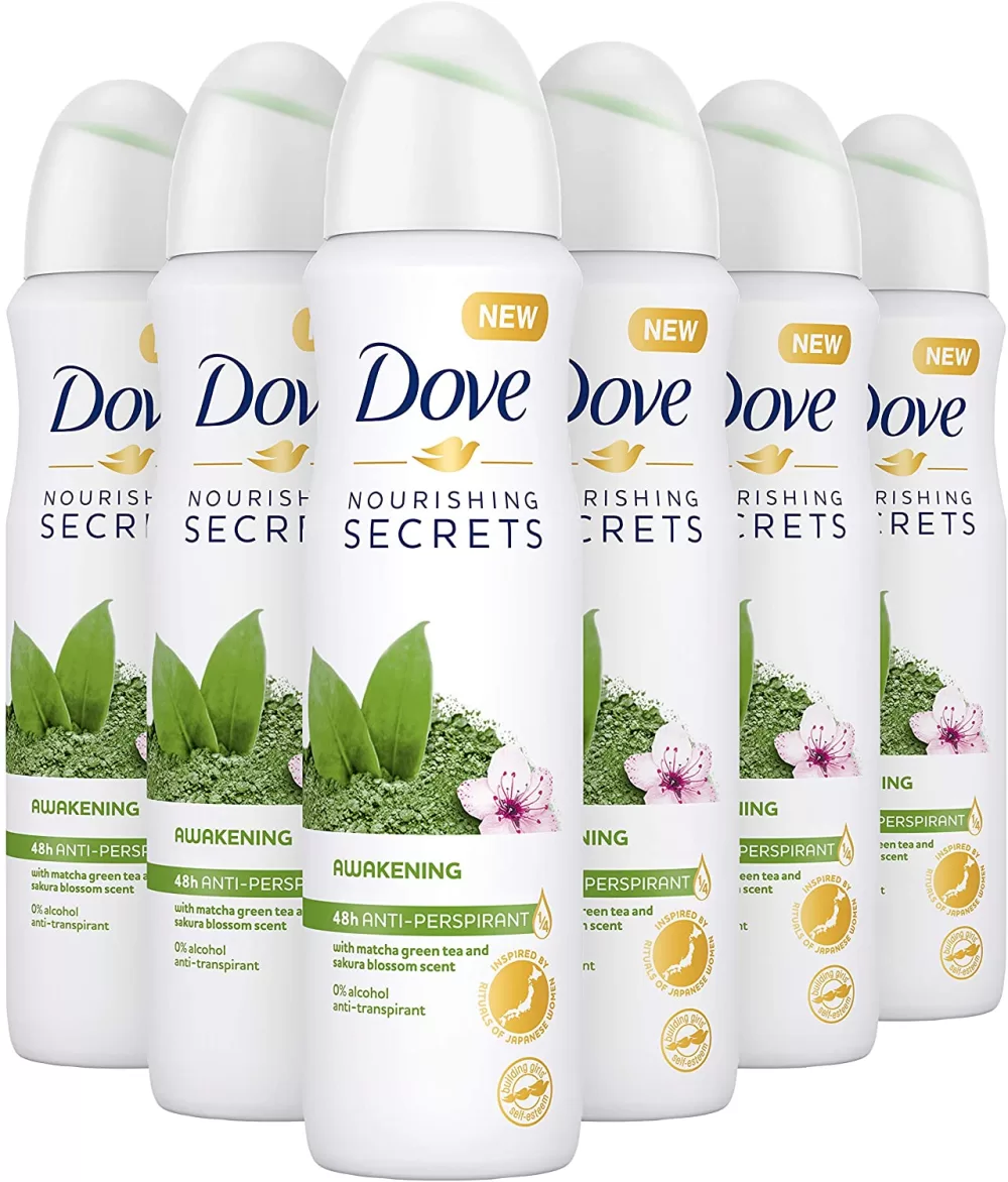 Dove Matcha & Sakura Anti-Transpirant Deodorant, 6x150ml - 48h Schutz, ¼ Hydratisierende Creme, 0% Alkohol, milde Formel für empfindliche Haut