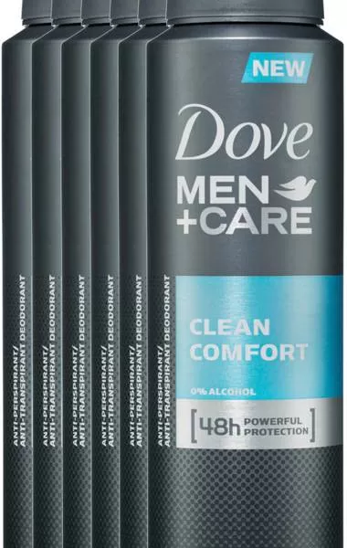 Dove Men+Care Clean Comfort Anti-Transpirant Spray 6x150ml – 48u Bescherming, 1/4 Hydraterende Crème, Alcoholvrij, Frisse Geur