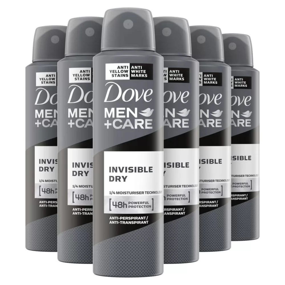 Dove Men+Care Invisible Dry Anti-Transpirant Spray 6 x 150 ml – 48h Schutz, keine weißen Streifen, alkoholfrei, mit ¼ feuchtigkeitsspendender Creme