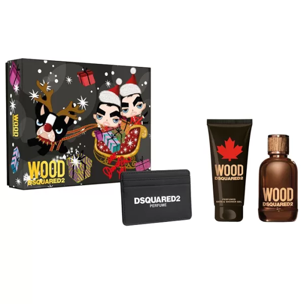 Dsquared2 Wood Pour Homme Coffret: Eau de Toilette 100ml, Bad- en Douchegel 100ml & Zwarte Kaarthouder - Krachtige Houtgeur voor Mannen