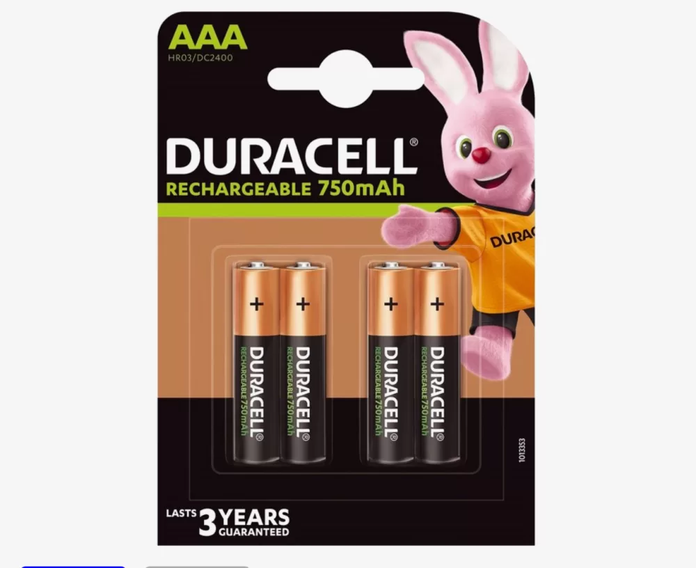 Duracell Oplaadbare AAA-batterijen 750mAh - 4 Stuks, 1000x Opladen, 5 Jaar Levensduur, NiMH, Voor Afstandsbedieningen en Speelgoed