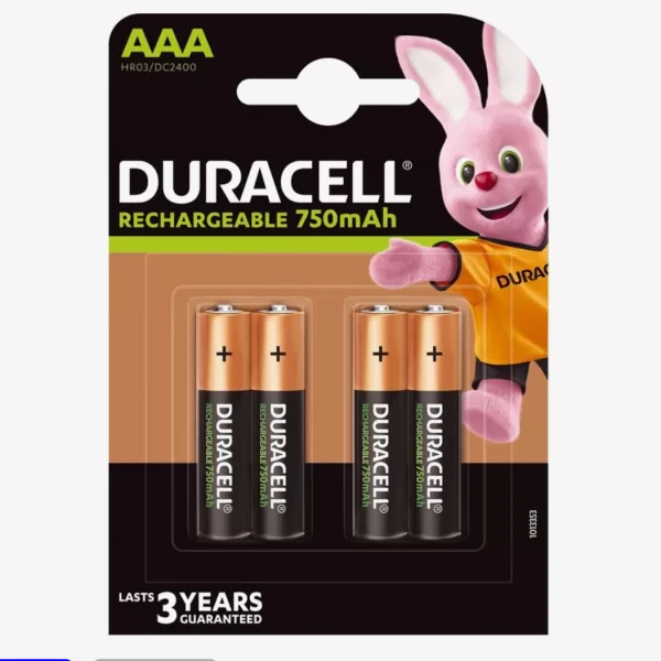 Duracell Oplaadbare AAA-batterijen 750mAh - 4 Stuks, 1000x Opladen, 5 Jaar Levensduur, NiMH, Voor Afstandsbedieningen en Speelgoed