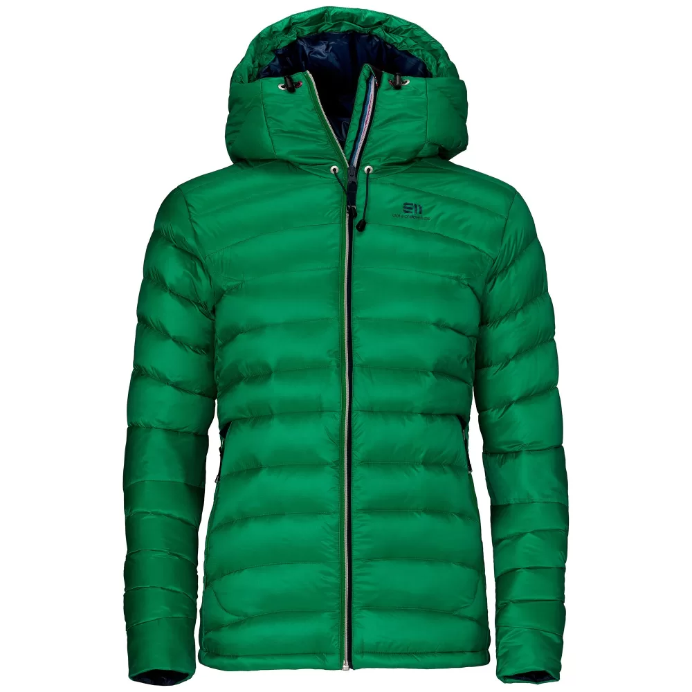 ELEVENATE Damen Daunenjacke Agile – Größe M, Solid Green, 750 cuin, 100% recyceltes Polyamid, isolierte Taschen, regulierbare Kapuze, FC-frei