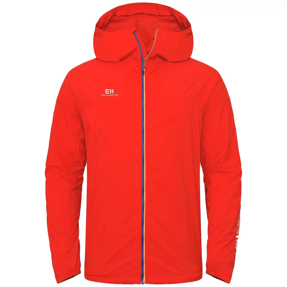 ELEVENATE La Bise Windbreaker Herren L - Atmungsaktiv, Federleicht, Windbeständig, Rot, Reflektierender Streifen, Kordelzugabschluss