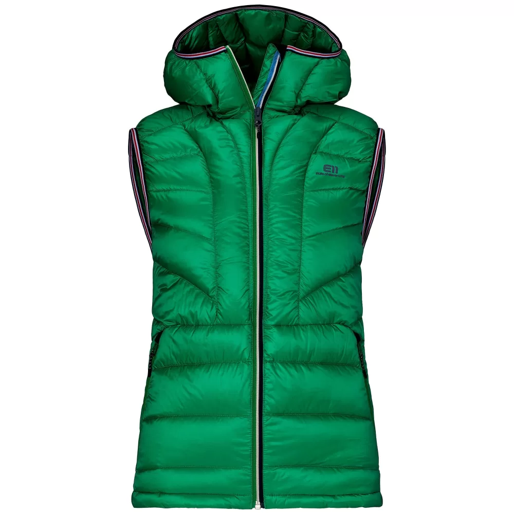 ELEVENATE Rapide Damen Daunenweste - Größe M, Solid Green, 95/5 Gänsedaunen, 2 Reißverschlusstaschen, Kinnschutz, Technisches Design