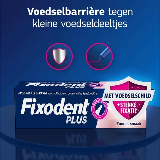 Fixodent Plus Premium Kleefpasta voor Kunstgebitten - 40g, 5x betere voedselbarrière, smaakvrij, sterke fixatie, comfort & bescherming