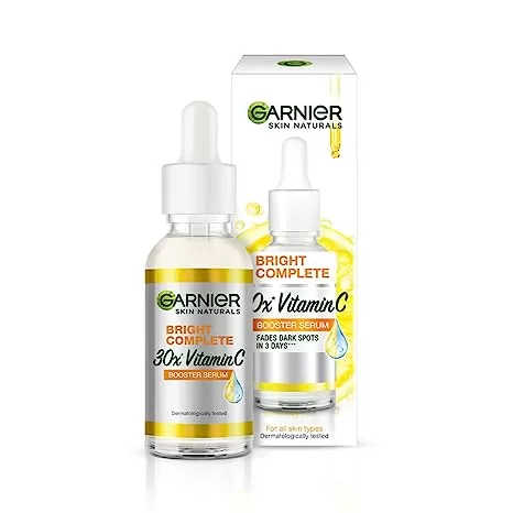 Garnier Bright Complete Vitamin C Booster Face Serum 30ml - Reduces Dark Spots, Brightens Skin, All Skin Types, Enriched with Lemon Extracts