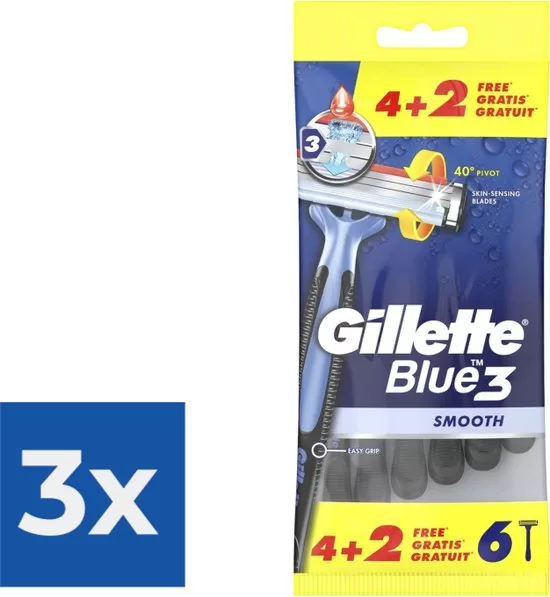 Gillette Blue3 Smooth Wegwerfscheermesjes - Voordeelverpakking 6 stuks (4+2) - Comfortabel scheren met 3 mesjes per stuk