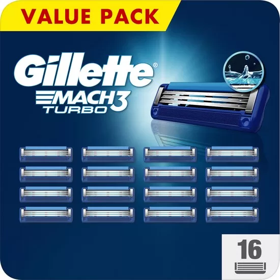 Gillette Mach3 Turbo Scheermesjes voor Mannen - 16 Navulmesjes, 3 Mesjes per Scheermesje, Minder Irritatie, Compatibel met Alle Mach3 Handgrepen