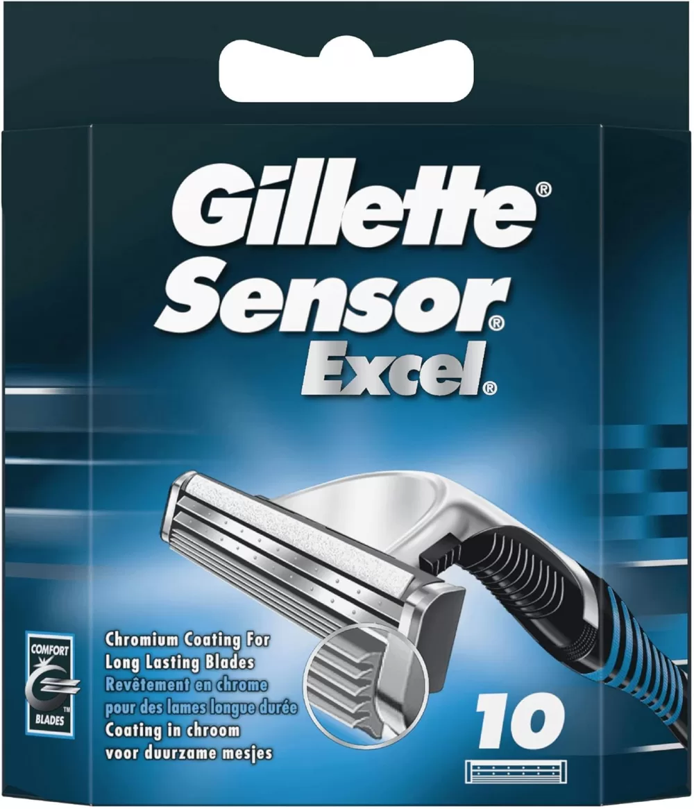 Gillette Sensor Excel Scheermesjes (10 Stuks) - Comfortabele Scheerbeurt voor Mannen, Past in Brievenbus, Met 3 Mesjes per Huls