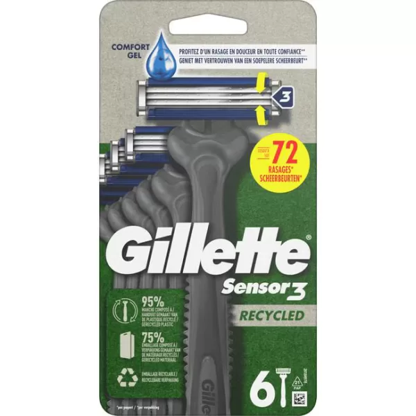 Gillette Sensor3 Recycled Wegwerpmesjes - 6 Stuks, 95% Gerecycled Handvat, Comfortgel Technologie, Tot 10 Scheerbeurten, Glad & Comfortabel Scheren