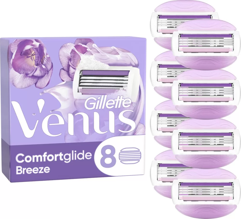 Gillette Venus Comfortglide Breeze Scheermesjes voor Vrouwen - 8 Navulmesjes met 3 Mesjes, Gelkussentjes voor Comfort en Bescherming