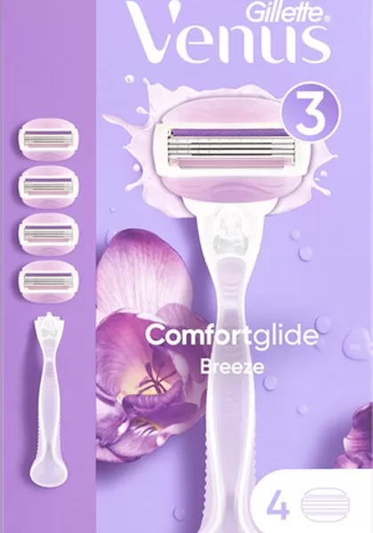 Gillette Venus Comfortglide Breeze Damenrasierer + 4 Nachfüllklingen, 3 Klingen, SkinCushion-Technologie, ergonomischer Griff, recyclebare Verpackung