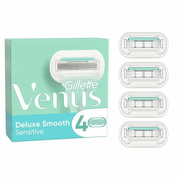 Gillette Venus Deluxe Smooth Sensitive Scheermesjes - 4 Navulmesjes voor Vrouwen met 5 Mesjes & SkinElixir - 12 Stuks - Langdurige Gladheid