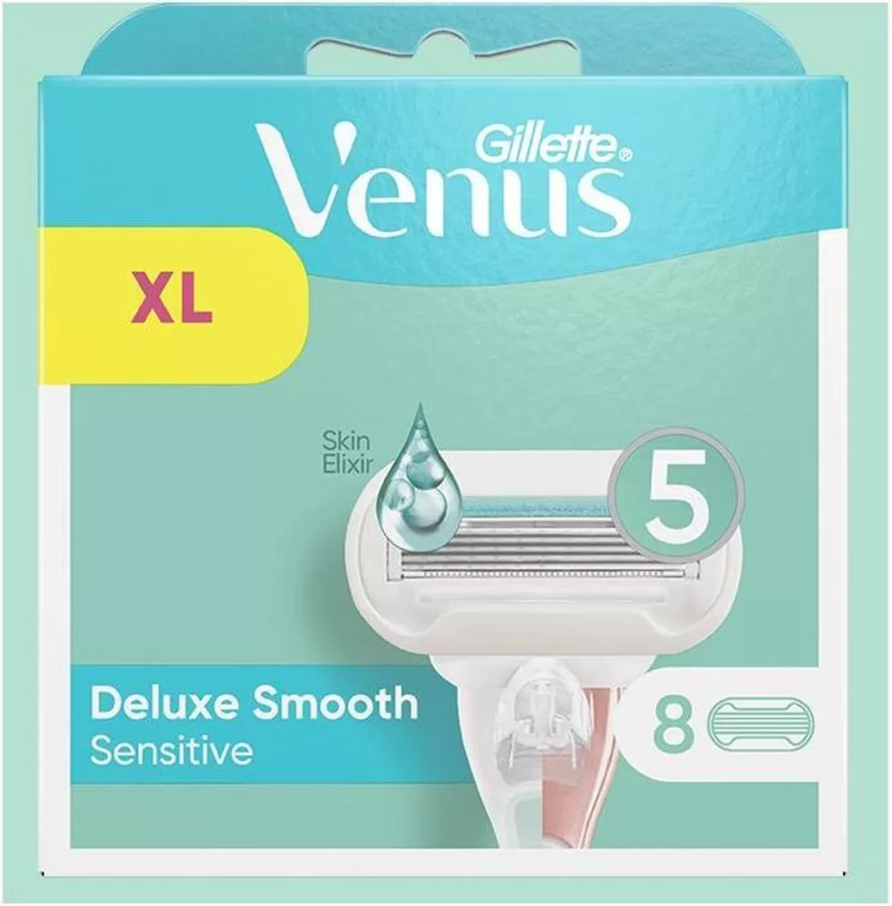 Gillette Venus Deluxe Smooth Sensitive Scheermesjes für Frauen – 8 Nachfüllklingen mit 5 Klingen, Hautschutz & SkinElixir für optimale Glätte