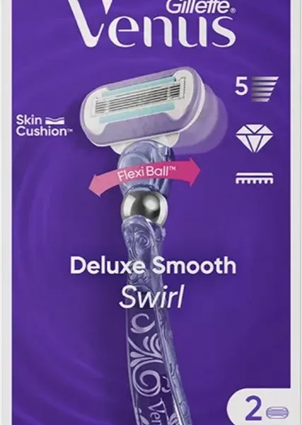 Gillette Venus Deluxe Smooth Swirl Vrouwen Rasierer – 1 Handvat + 2 Lames, 5 Lames voor Dicht Rasage, Hydraterende Strip, Flexiball Technologie