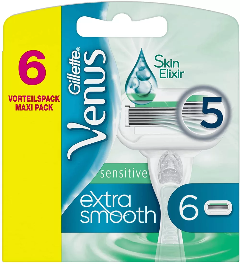 Gillette Venus Sensitive Extra Glad Scheermesjes - 6 stuks - 5 Diamantachtige Mesjes, SkinElixir Lubrastrip, Voor Gevoelige Huid, Dermatologisch Getest