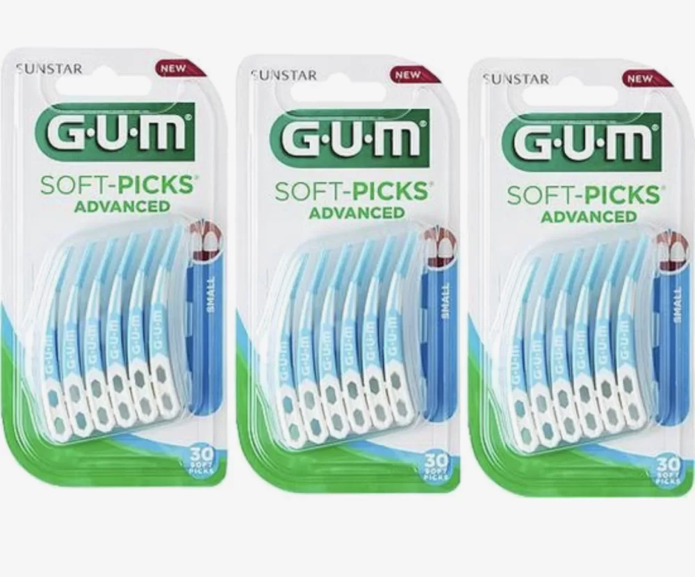 GUM Soft Picks Advanced Small - 3x30 Stuks Tandragers - Licht Gebogen, Rubberen Borsteltjes, Met Fluoride, Handig Reisdoosje