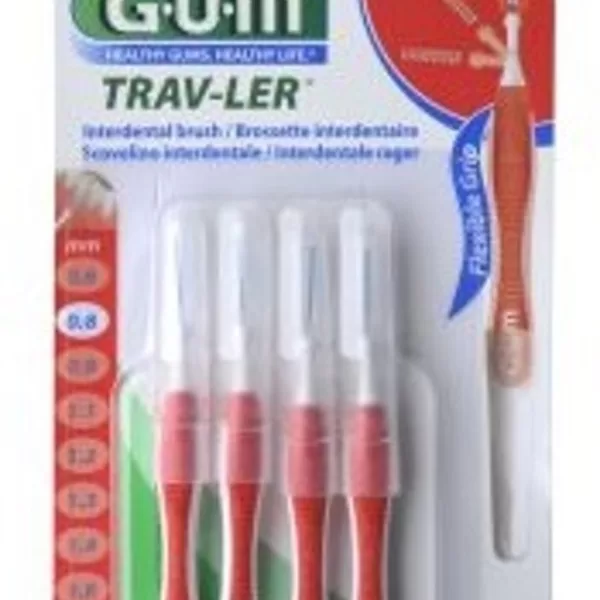 GUM Trav-ler Fine 0.8 mm - 4 Spiraalborsteltjes met Handvat - Draagbare Mondverzorging - Rood, Voor Tandenreiniging en Interdentale Ruimtes