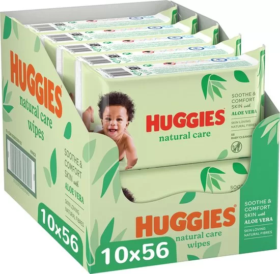 Huggies Natural Care Billendoekjes - 560 Stuks (10x56) - Aloë Vera & Vitamine E - Zacht & Klinisch Getest - Voordeelverpakking