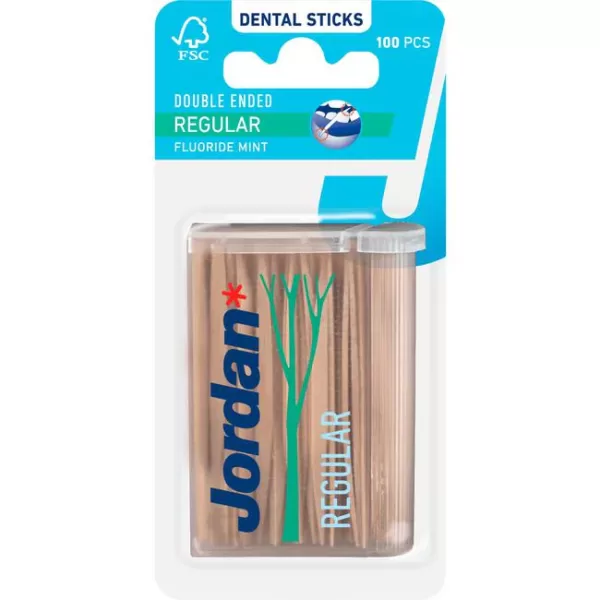 Jordan Dental Sticks Double Ended Regular - 100 Tandenstokers met Mint Smaak & Fluoride, Dubbelzijdig voor Normale Interdentale Ruimtes