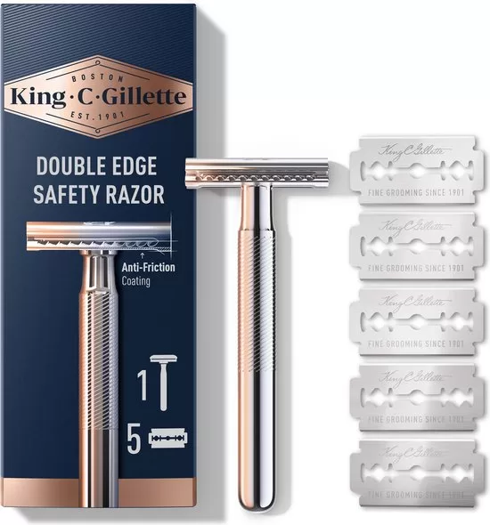 King C. Gillette Dubbelzijdig Veilig Scheermes met 5 Platina Navulmesjes – Precisie, Duurzaam Ontwerp, Ideaal voor Bakkebaarden & Baardlijnen