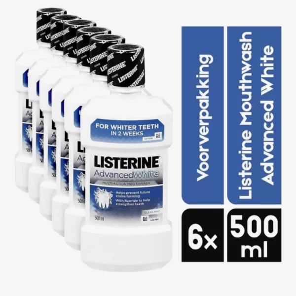 Listerine Advanced White Mondwater Voordeelverpakking 6x500ml | Wittere Tanden | Frisse Adem | Fluoride & Multi Effect Formule