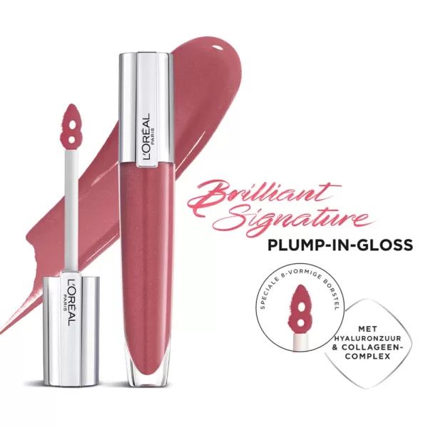 L'Oréal Brilliant Signature Plump-in Lipgloss 404 Assert – Volumegevende Lipgloss met Hyaluronzuur, Pepermuntolie & Glans – 7 ml