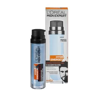 L'Oréal Men Expert Hydra Energetic Hydraterende Gel 50 ml - 3-Dagen Baard, Kalmeert & Verzorgt Huid met Vitamine E