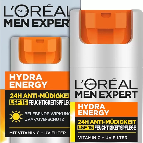 L'Oréal Men Expert Hydra Energy Gezichtsverzorging SPF 15 – 3x50ml, Hydrateert, Beschermt en Verfrist Vermoeide Huid met Vitamine C