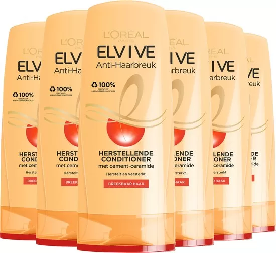 L'Oréal Paris Elvive Anti-Haarbreuk Conditioner 6x200ml - Voor Beschadigd Haar, Verrijkt met Cement-Ceramide, 95% Minder Haarbreuk, 100% Gerecycled