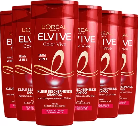 L'Oréal Paris Elvive Color Vive 2-in-1 Shampoo & Conditioner für Gekleurd Haar, 6 x 250ml – Bescherming, Glans & Voeding, 100% Recyclebaar