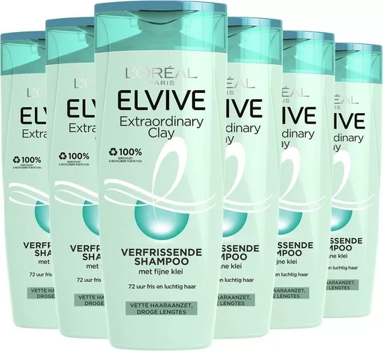 L'Oréal Paris Elvive Extraordinary Clay Shampoo Voordeelverpakking – 6x250ml | Verfrissend voor normaal, vetneigend haar | 100% gerecycled plastic