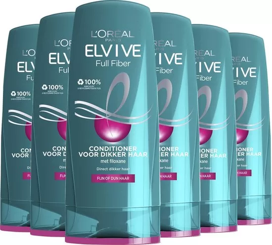 L’Oréal Paris Elvive Full Fiber Conditioner 6x200ml - Volumeverhogende conditioner voor fijn/dun haar, 100% gerecycled plastic, vrij van klitten