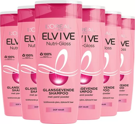 L'Oréal Paris Elvive Nutri Gloss Shampoo 6 x 250ml - Voedt Dof Haar, Geeft Glans, Voor Lang Haar, 100% Gerecycled Plastic