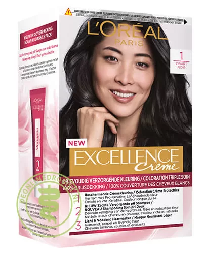 L’Oréal Paris Excellence 1 Zwart - Permanente Haarkleuring, Pro-Keratine, Ceramide, Optimale Grijsdekking, Inclusief Shampoo & Haarmasker