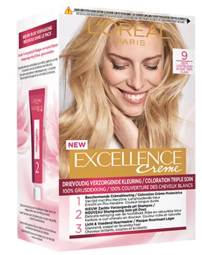 L'Oréal Paris Excellence 9 Zeer Lichtblond - Permanente Haarkleuring, Pro-Keratine, Ceramide, Optimale Grijsdekking, Inclusief Shampoo & Masker