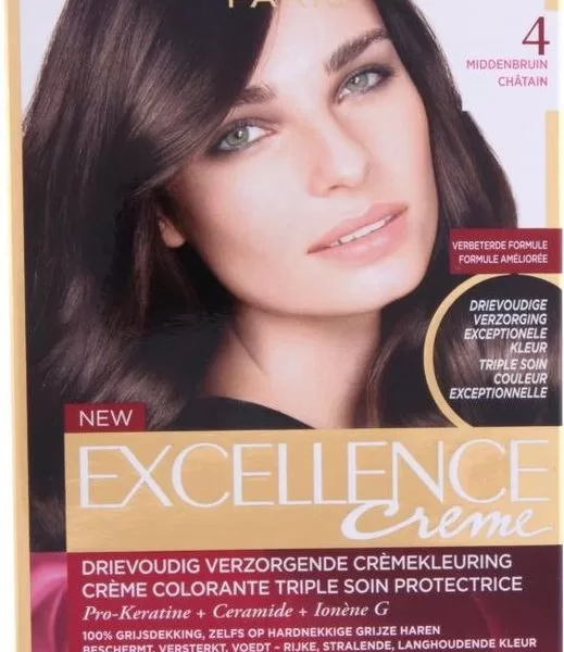 L’Oréal Paris Excellence Crème 4 Middenbruin Haarverf - 3-in-1 Verzorging, Pro-Kératine, Ceramide, Verbeterde Formule, PH Neutraliserende Shampoo