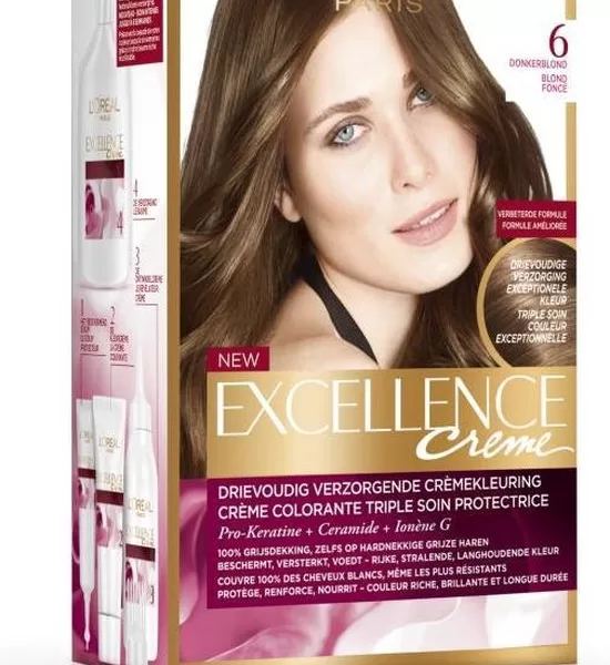 L'Oréal Paris Excellence Crème 6 - Donkerblond Haarverf, 100% Grijsdekking, Beschermend Serum & Verzorgende Shampoo, Zijdezacht Haar