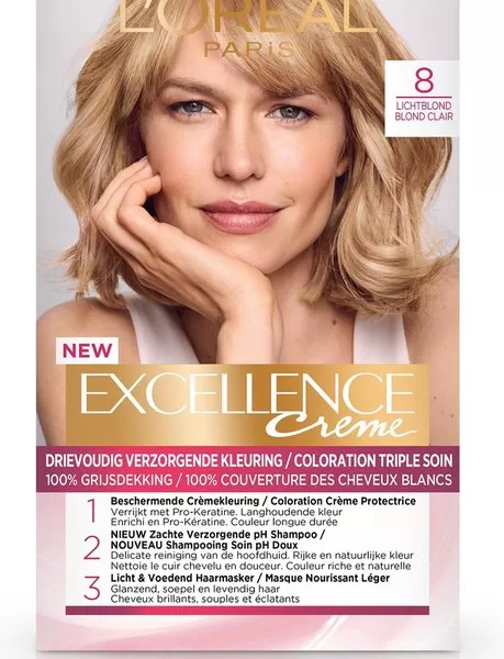 L’Oréal Paris Excellence Crème 8 Lichtblond Haarfarbe – 100% Grauabdeckung, Pflege-Set mit Shampoo & Haarmaske, für seidiges Haar